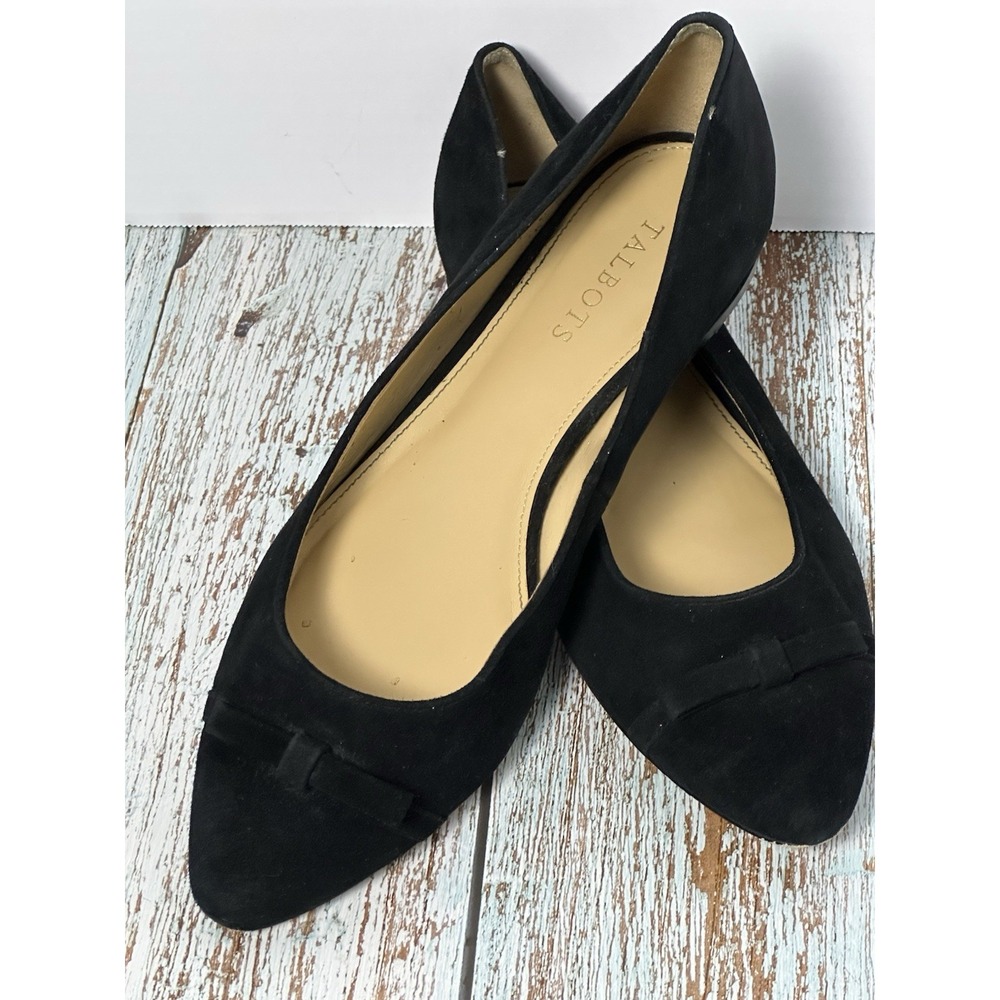 Talbots Edison Cap Toe Flats 9.5 M Black Suede Leather Bow Pointed Toe Shoes - Picture 16 of 16